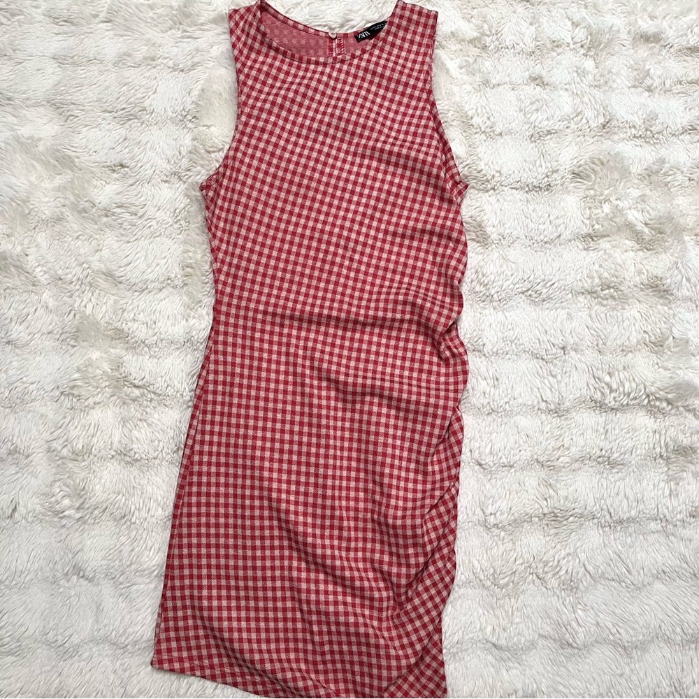 Zara Red and White Gingham Asymmetric Mini Dress
